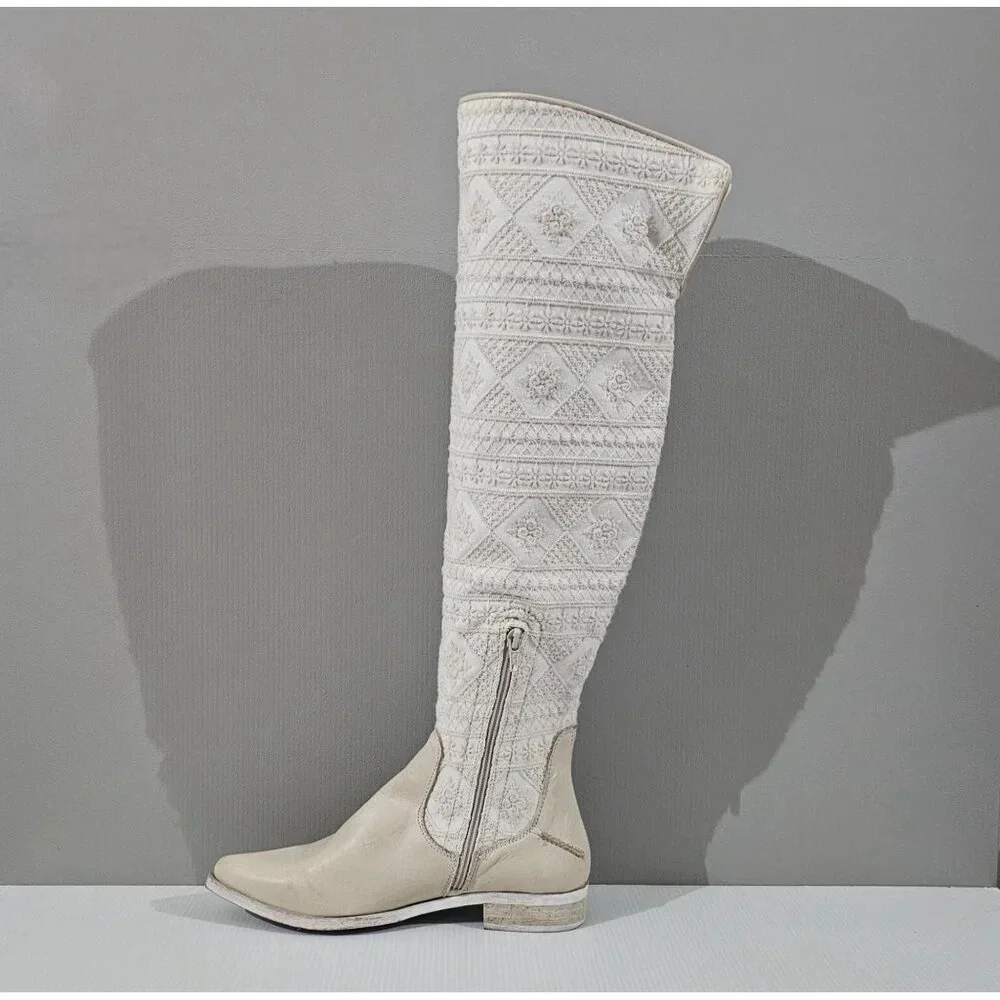 Free People Bren Knee High Boot Womens EU 37 Cream Embroidered Slouchy Boho